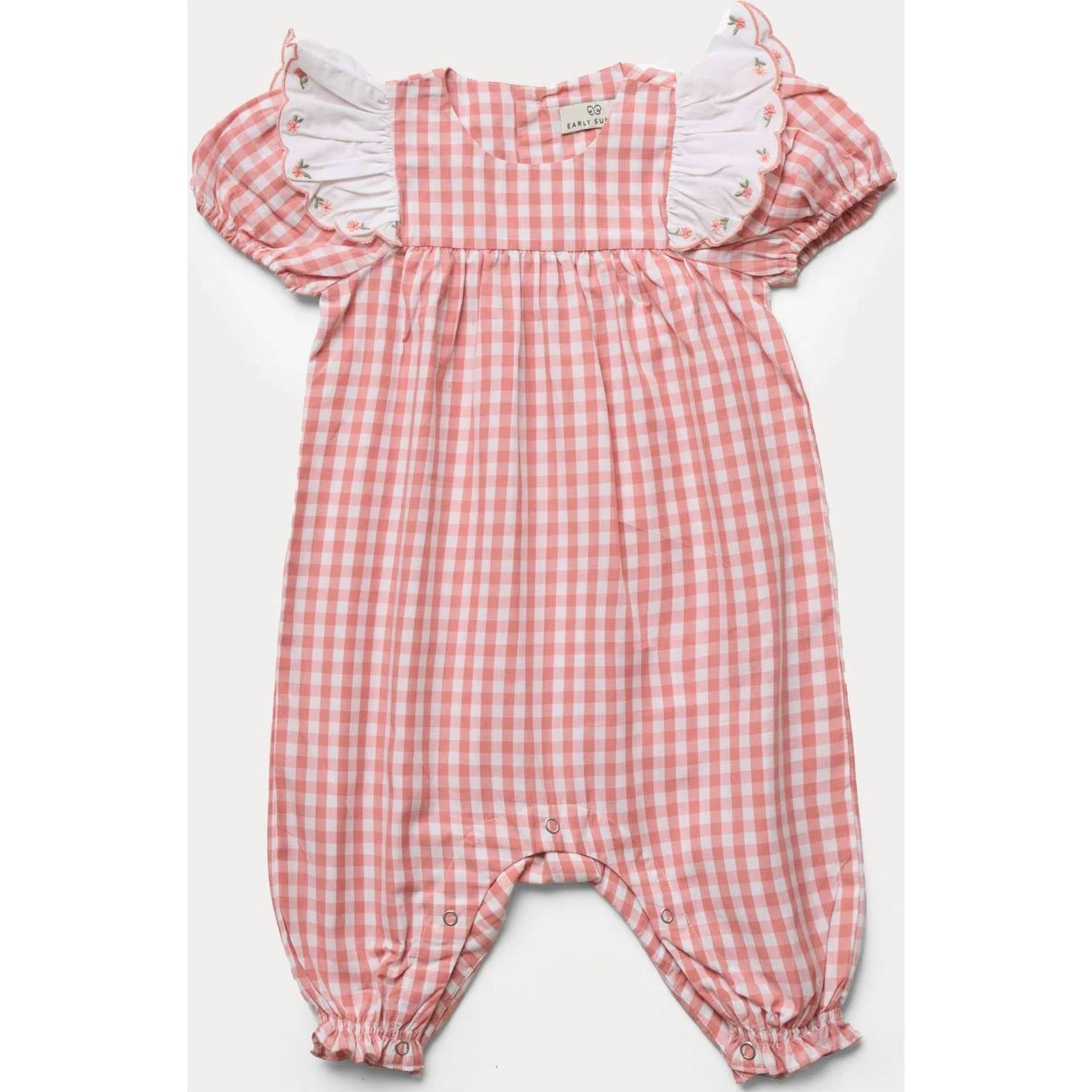 New Early Sunday Girl's Mia Gingham Check Romper In Peony